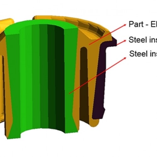 Abbildung 1 – Elastomerbauteil (gelb) mit zwei Einlegeteilen (grün, braun) (c) SIGMA Engineering GmbH