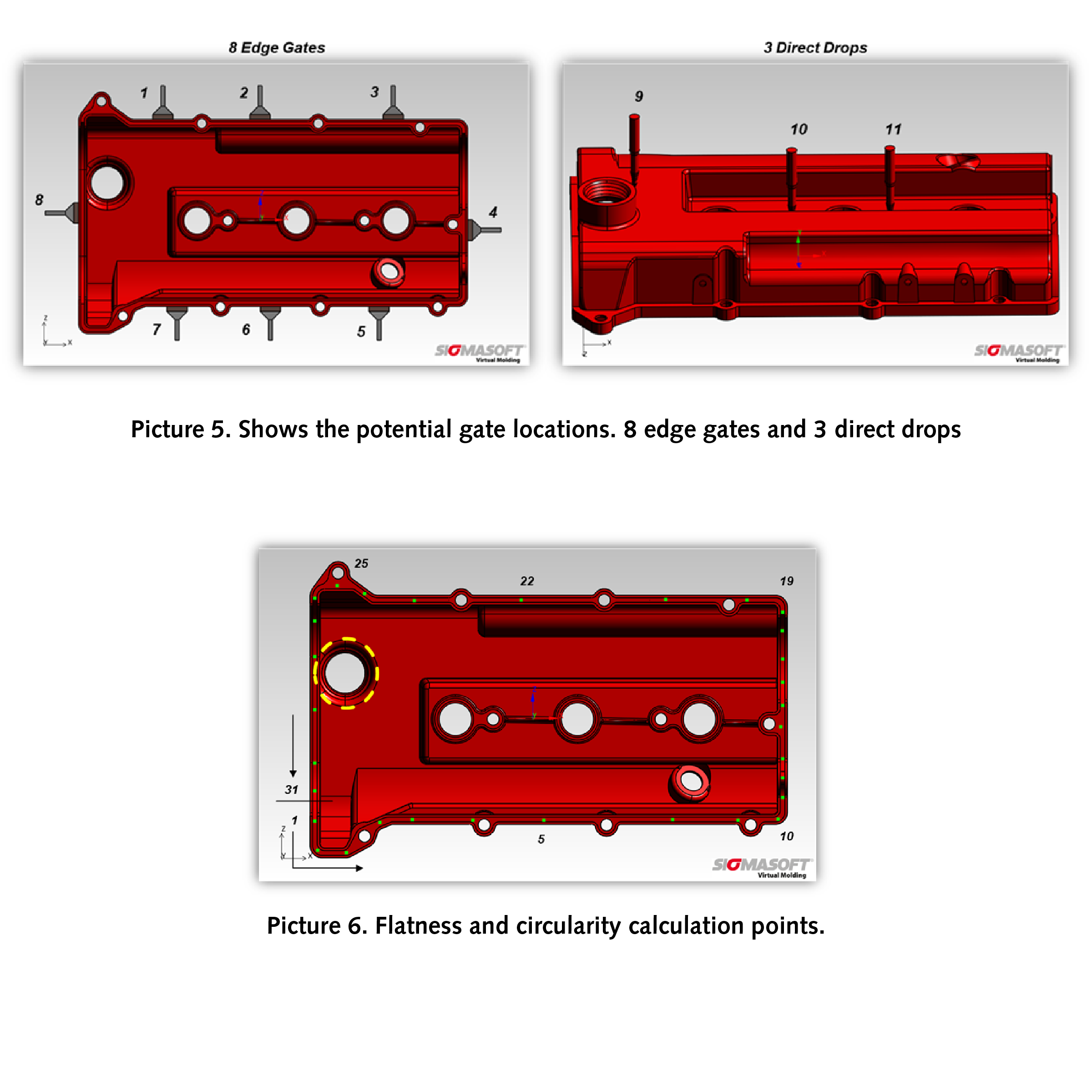 Picture 5. Shows the potential gate locations. 8 edge gates and 3 direct drops. Picture 6. Flatness and circularity calculation points. 