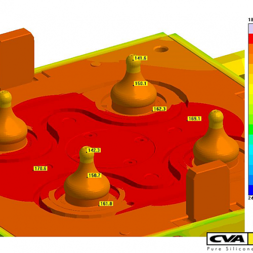 Abbildung 2 – Die Temperaturverteilung der Auswerferseite zeigt große Temperaturunterschiede zwischen Kernspitze und Kernbasis (c) SIGMA Engineering GmbH
