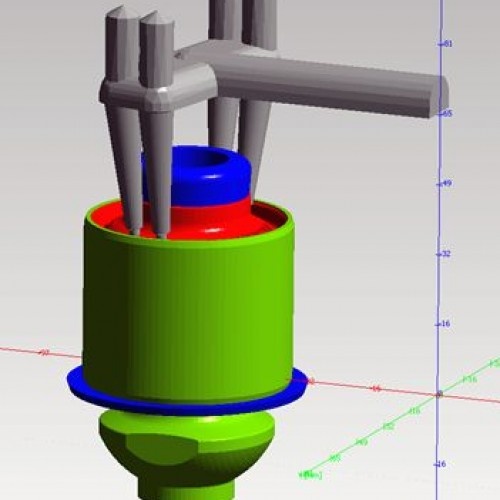 Abbildung 2 - Modellierung aller formgebenden Komponenten. Rot: Elastomermischung; Blau: Kunststoffeinleger (PEEK); Grün: Metalleinleger (Stahl) (c) SIGMA Engineering GmbH