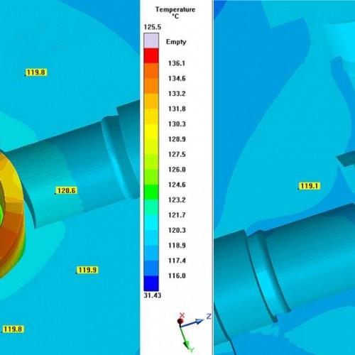 Figure 5: Mold temperatures calculated for molding cycle 10: Left, just before ejection. Right, after 18 sec mold-open time, before closing the mold (c) SIGMA Engineering GmbH