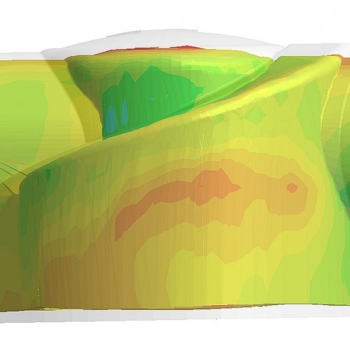 Figure 6: Warpage predicted with SIGMASOFT® Virtual Molding shows the part warping in the opposite direction from the conventional prediction in Fig. 2 (c) SIGMA Engineering GmbH