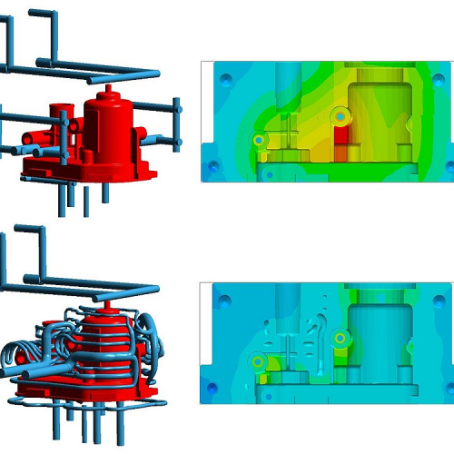 Figure 1 – With SIGMASOFT® Virtual Molding it is possible to compare the temperature distribution in the mold cavity for different cooling configurations. (c) SIGMA Engineering GmbH Figure 1 – With SIGMASOFT® Virtual Molding it is possible to compare the temperature distribution in the mold cavity for different cooling configurations. (c) SIGMA Engineering GmbH