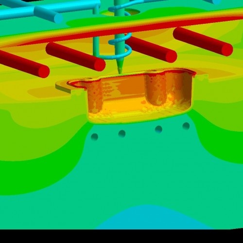Abbildung 2: Temperaturverteilung im Werkzeug während des Einspritzens der Elastomerkomponente  (c) SIGMA Engineering GmbH